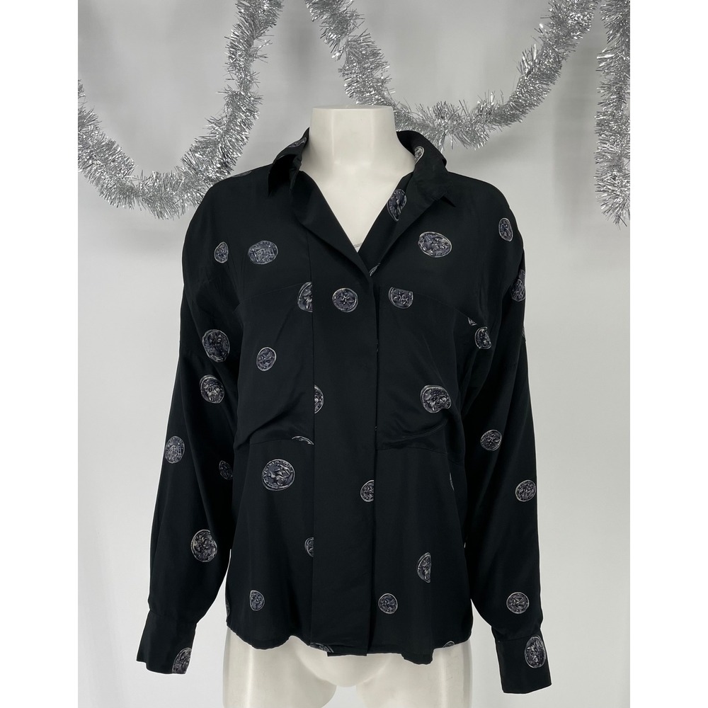Vintage 100% Silk Ancient Coin Allover Print Shirt Sz 6 Linda Allard Ellen Tracy